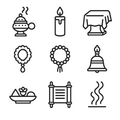 Ritual Objects Icons. Outline icon set of ritual and ceremonial objects: incense burner, prayer candle, ceremonial cloth, flower