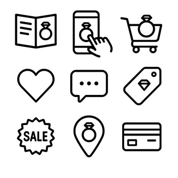 Ring Shopping Icons. Outline icon set of ring shopping experience: browse catalog, virtual try-on screen, shopping cart, wishlist