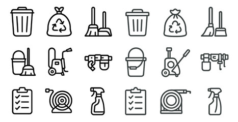 Cleaning equipment and tools icons for organization and maintenance