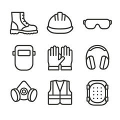Fototapeta premium Safety Gear Icons Set. Outline icon set of metal safety equipment: steel-toe boot, hard hat, safety glasses, welding mask, gloves,