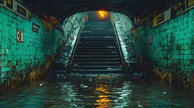 Ruined subway entrance submerged in water and eerie lights