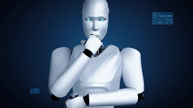 Thinking AI hominoid robot analyzing hologram screen showing concept big data analytic using artificial intelligence by machine learning process. 3D rendering.