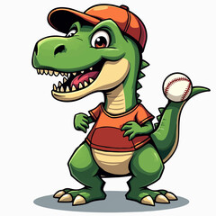 Fototapeta premium Vector drawing for children, teenager t-shirt. Cute green dinosaur boy with ball for baseball game isolated on white background. Design for fabric, paper, clothing.