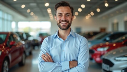 Smiling car salesman in modern showroom. Confident male employee with arms crossed in front of new cars. Happy pro in dealership. Automotive industry. New car sale concept.