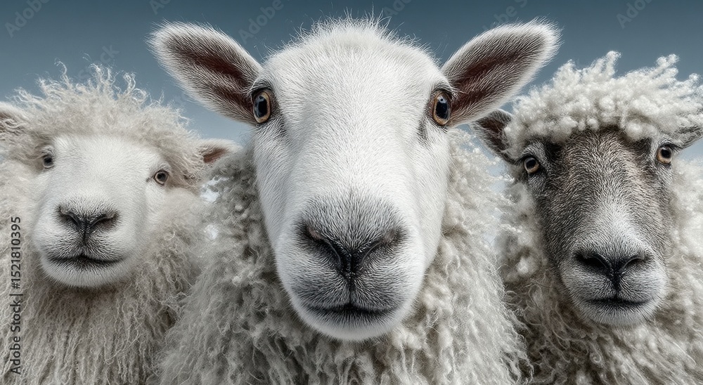 Poster three sheep close-up together, showing diversity and inclusion in a farm setting, representing anima