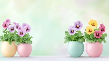 Pretty Pansies Bloom In Pastel Ceramic Pots Colorful Flowers Create A Springtime Display