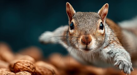 Obraz premium Squirrel Close-Up With Nuts Against Dark Background, Ideal For Wildlife Conservation and Environmental Awareness Campaigns : Generative AI