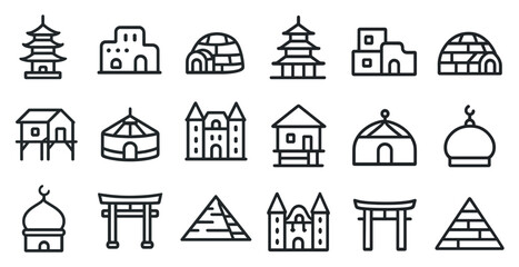 Icon set of various world architecture styles for design projects