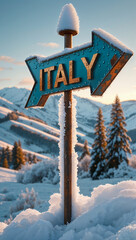 on the pole there is a direction arrow with the inscription Italy against the winter background of a picturesque landscape 