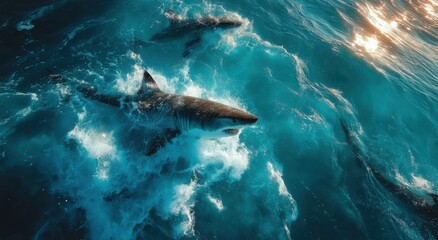 Obraz premium Great White Sharks Swimming in Turquoise Ocean Waters, Representing Marine Conservation and Ocean Exploration for Wildlife Education and Tourism Marketing : Generative AI
