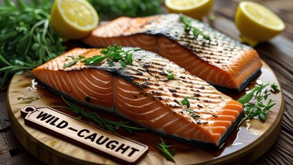 Grilled wild-caught salmon fillets with fresh herbs on a wooden board, garnished with lemon halves. High-resolution food image ideal for healthy eating, seafood, or nutrition concepts