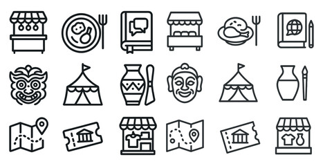 Cultural festival icons with food, masks, and maps for event design