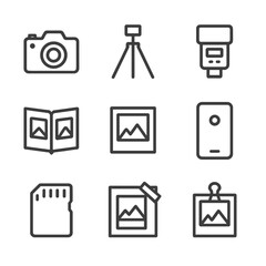 Photography Outline Icons. Outline icon set of photography and memory capture: camera icon, tripod, flash unit, photo album,