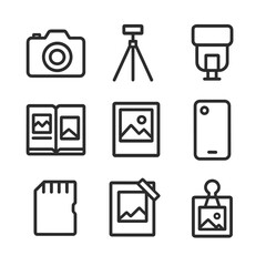 Photography Outline Icons. Outline icon set of photography and memory capture: camera icon, tripod, flash unit, photo album,