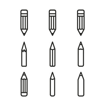 Pencil Icons Grid. Outline icon set of common pencil types: HB pencil, 2B pencil, 4B pencil, 6B pencil, H pencil, 2H pencil,