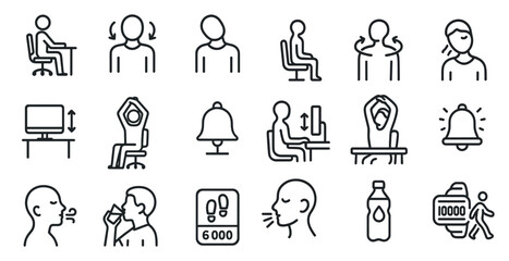 Workplace wellness icons for office ergonomics and health tips design