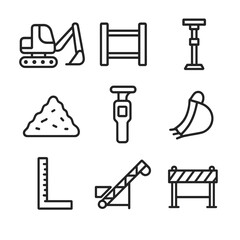 Obraz premium Excavation Equipment Icons. Outline icon set of excavation and trenching: backhoe, trench box, shoring prop, spoil pile, utility
