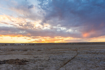 Sunset over the Aral Sea desert,  Uzbekistan