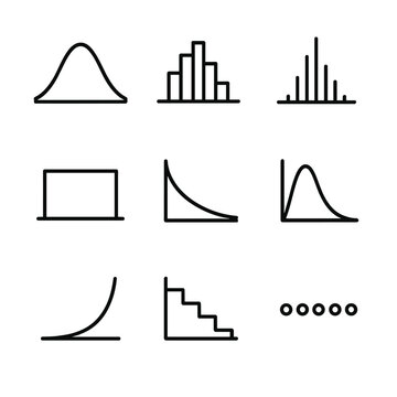 Probability Distribution Icons. Outline icon set of probability distributions: normal curve, binomial bars, Poisson spikes,