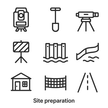 Construction Site Icons. Outline icon set of site preparation: survey equipment, soil sampler, leveling instrument, traffic