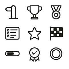 Fitness Icons Grid. Outline icon set of fitness challenges and achievements: milestone marker, trophy cup, medal, leaderboard