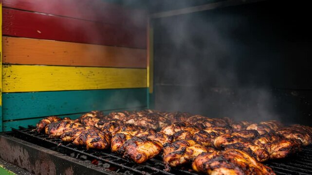 Authentic Jamaican Jerk chicken grilling with smoke on a vibrant BBQ