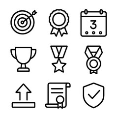 Goal Achievement Icons. Outline icon set of goal setting and achievement badges: target bullseye, milestone ribbon, streak