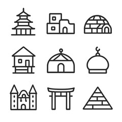 Global Landmarks Icons. Outline icon set of Global architectural landmarks: pagoda, adobe house, igloo, stilt house, yurt, chateau
