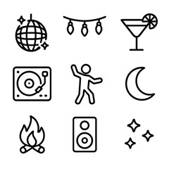 Rooftop Party Icons. Outline icon set of nighttime rooftop party: disco ball, string lights, cocktail glass, DJ turntable, dancing