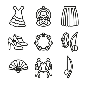 Folk Dance Iconography. Outline icon set of Folk dance styles: flamenco dress, kathakali mask, hula skirt, tango shoes, tarantella