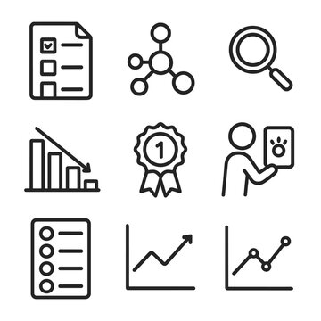 Diagnostic Icon Set. Outline icon set of diagnostic assessment strategies: pre-test form, concept map, magnifier, skill-gap chart,