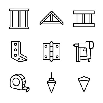 Framing Structure Icons. Outline icon set of framing structure: wall stud, roof truss, floor joist, ridge beam, metal bracket,