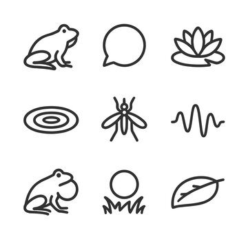 Frog Call Icons. Outline icon set of frog croaking and calls: frog silhouette, croak bubble, pond lily, water ripple, night insect