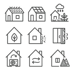 Fototapeta premium Eco-Friendly Building Icons. Outline icon set of eco-friendly buildings: green roof, solar shingles, rain garden, passive house,