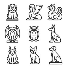 Guardian Creatures Icons. Outline icon set of guardian creatures: stone lion, winged sphinx, serpentine dragon, gargoyle, owl