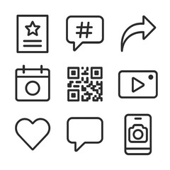 Social Media Icon Set. Outline icon set of promotional and social media: poster flyer, hashtag bubble, camera phone, share arrow,