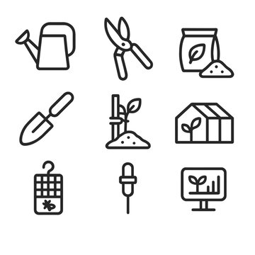 Horticultural Icon Set. Outline icon set of horticultural care practices: watering can, pruning shears, fertilizer bag, mulch pile