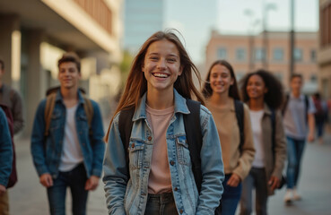 Happy high school students with backpacks walk together outdoors. Smiling young people back to school. Friendship campus life concept. Teenagers friends together.