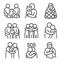 Therapeutic Hug Icons. Outline icon set of therapeutic hugs: pet therapy group, animal-assisted embrace, weighted blanket hug,