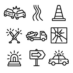 Traffic Accident Icons. Outline icon set of traffic accident warnings: collision car, skid marks, traffic cone, flares, tow truck,