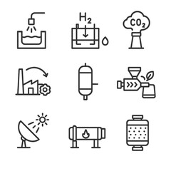 Low-Carbon Industry Icons. Outline icon set of low-carbon industrial processes: electric arc furnace, green hydrogen electrolyzer,