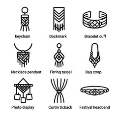 Fototapeta premium Macramé Gift Icons. Outline icon set of macramé gift ideas: keychain tassel, bookmark fringe, bracelet cuff, necklace pendant,