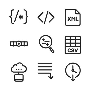 Log Parsing Tools Icons. Outline icon set of log parsing tools: regex engine, JSON parser, XML reader, logstash pipeline, grok
