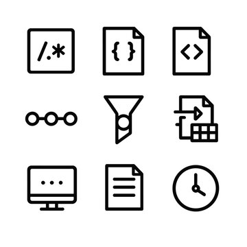 Log Parsing Tools Icons. Outline icon set of log parsing tools: regex engine, JSON parser, XML reader, logstash pipeline, grok