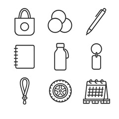 Upcycled Icon Set. Outline icon set of upcycled promotional items: fabric tote with logo, cork coaster set, bamboo pen, recycled