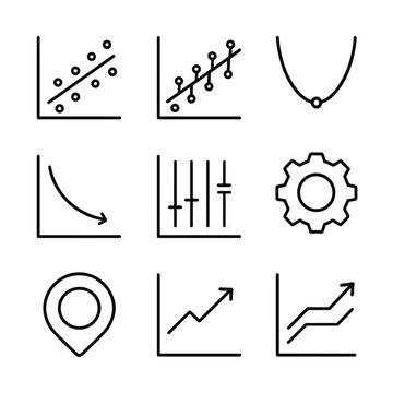 ML Regression Icons. Outline icon set of ML regression visualization: data points, regression line, residual bars, loss function