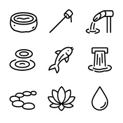 Water Feature Icons. Outline icon set of water features and accents: stone basin, water ladle, bamboo spout, ripple circles, koi