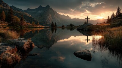 Sunset reflection over tranquil lake with mountain backdrop and wooden cross at water's edge