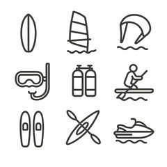 Water Sports Icons. Outline icon set of water sports: surfboard, windsurfing sail, kiteboard, snorkeling mask, scuba tank,