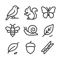 Nature Icon Set. Outline icon set of wildlife and natural elements: perched bird, curious squirrel, fluttering butterfly, buzzing